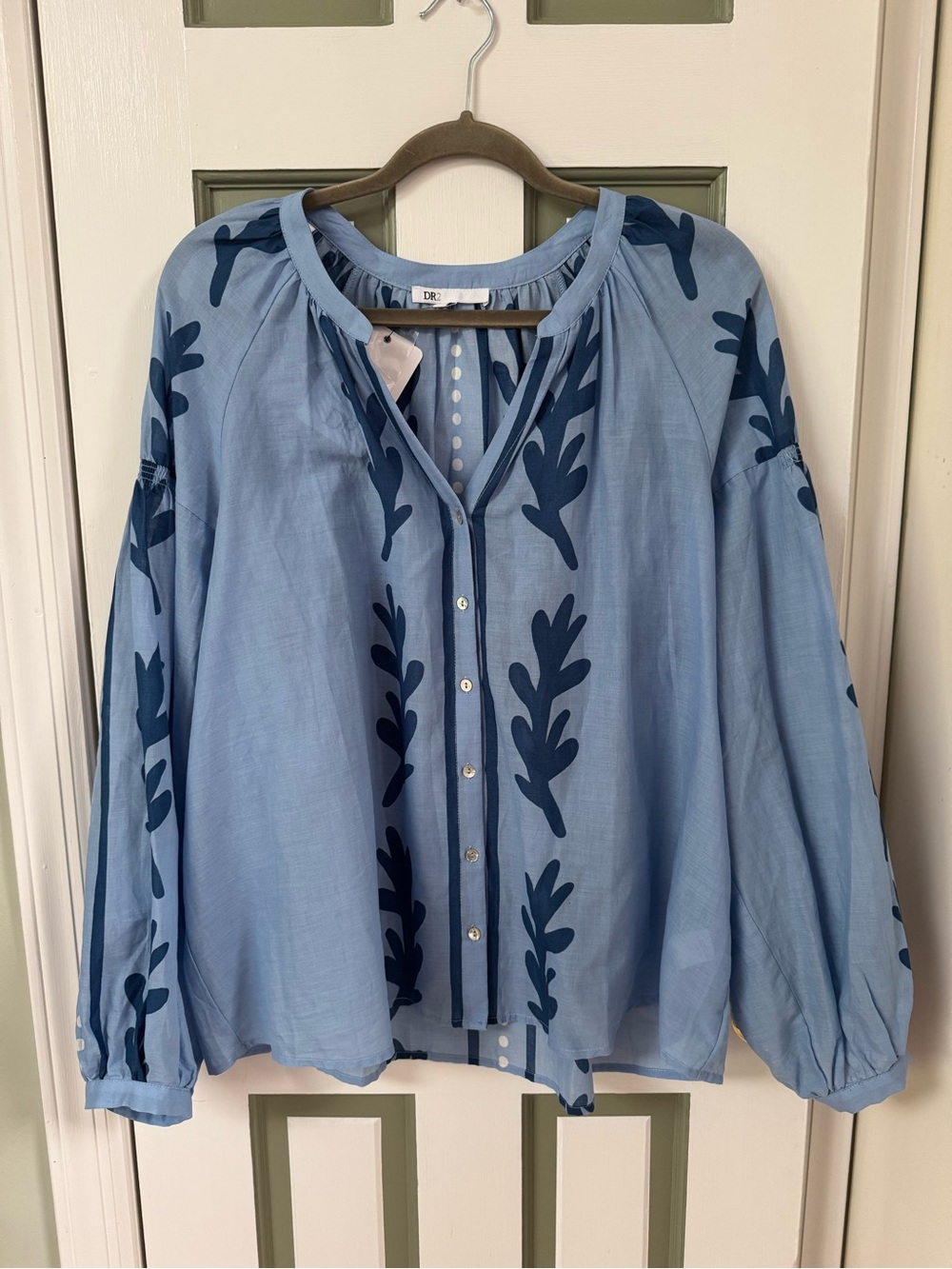 DR2 Light Blue Button-Front Blouse with Navy Leaf Motif- New